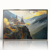 Mid-century modernist art depicting Bhutanese landscape in muted earth tones on a silver-framed acrylic print.
