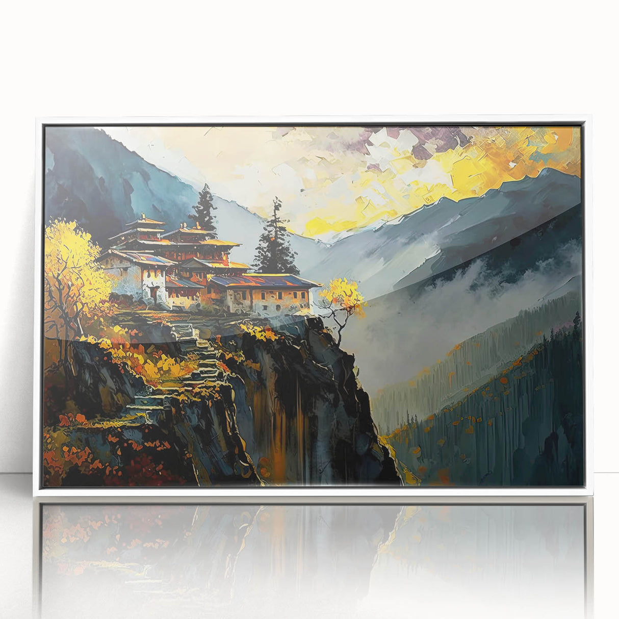 Acrylic print of Bhutanese landscape in muted earth tones, framed in white, suitable as modern art wall decor for a nursery.
