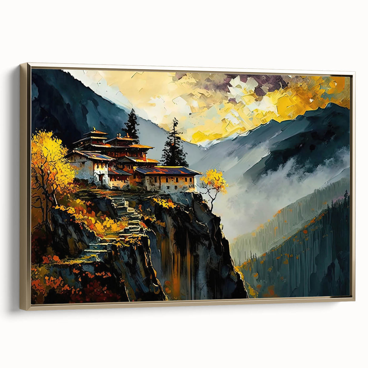 Framed canvas featuring a vintage-style landscape painting of Bhutan, with muted earth tones, ideal for bedroom wall art.
