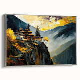 Framed canvas landscape art painting featuring a vintage poster style depiction of Bhutanese scenery in vibrant colors.