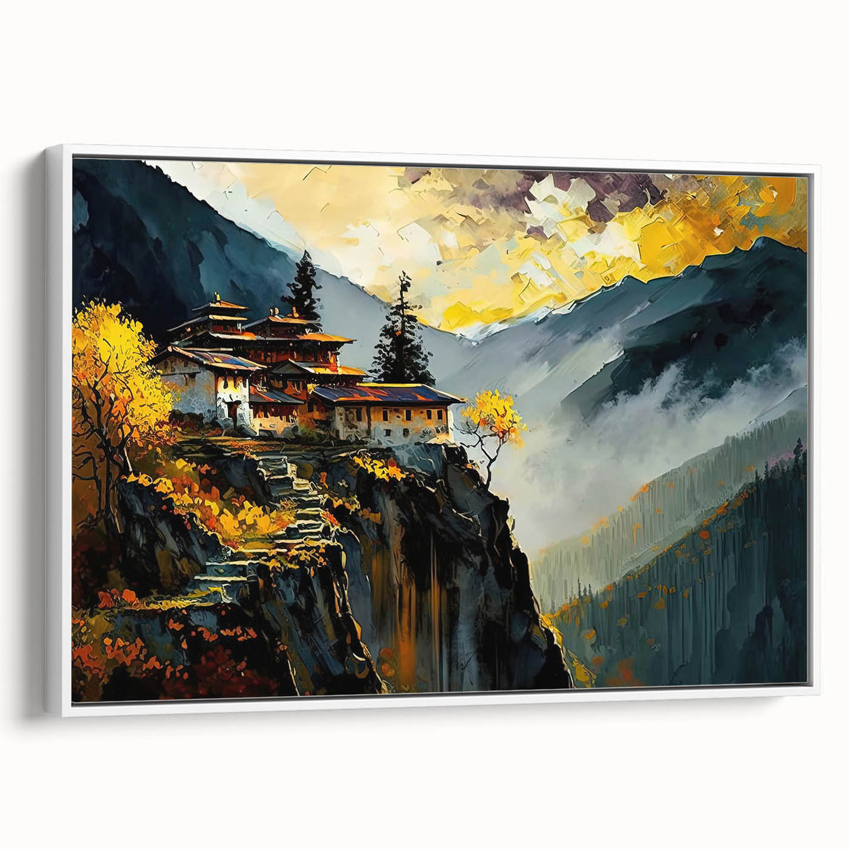 Vintage poster art of Bhutan scenery on a white framed canvas, featuring vibrant colors.