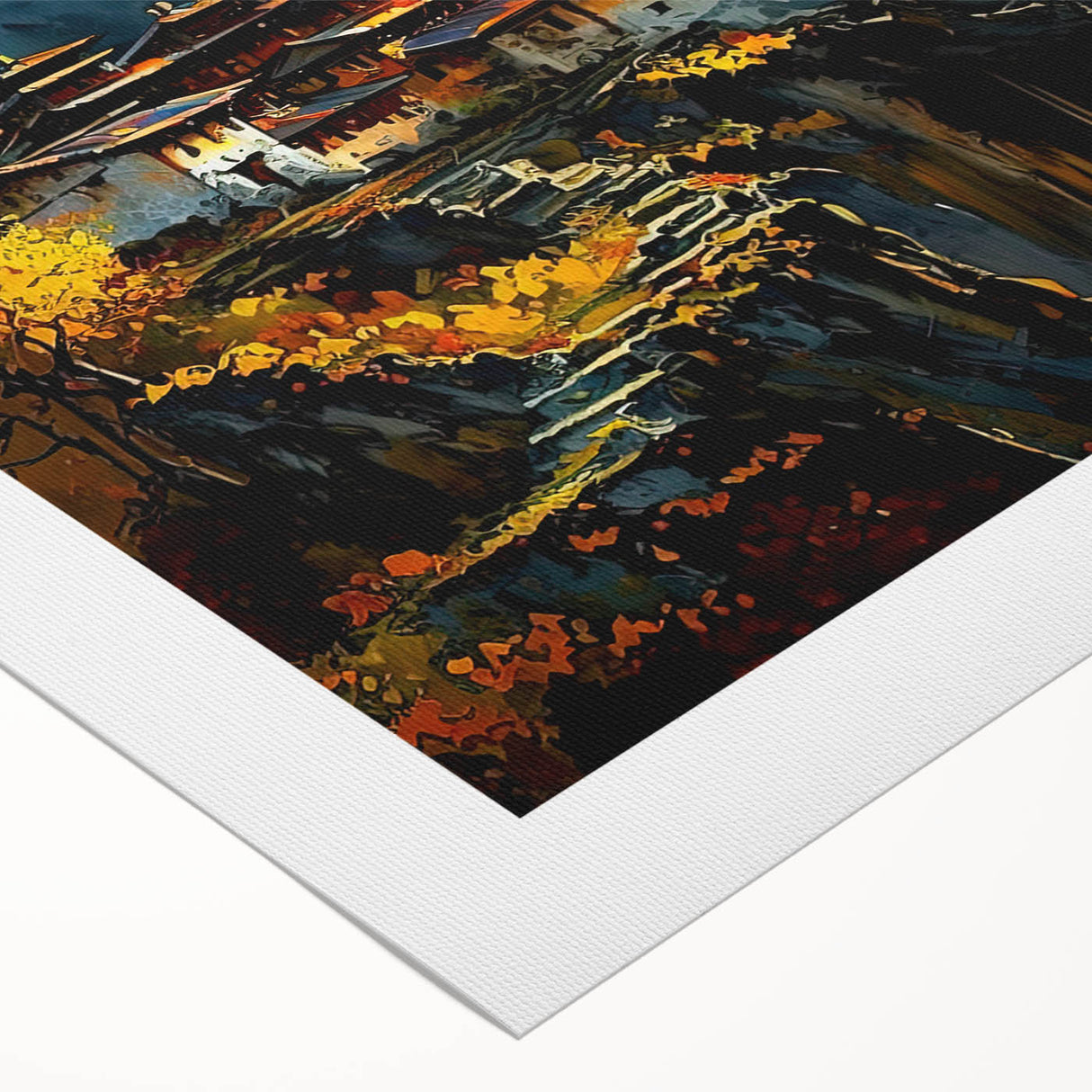 Art deco poster depicting a serene Bhutanese landscape in muted earth tones on rolled canvas, suitable for dining room decor.