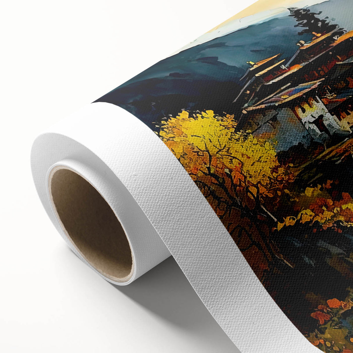 Art deco poster of Bhutan scenery in pastel shades on rolled canvas, ideal for nursery wall art.