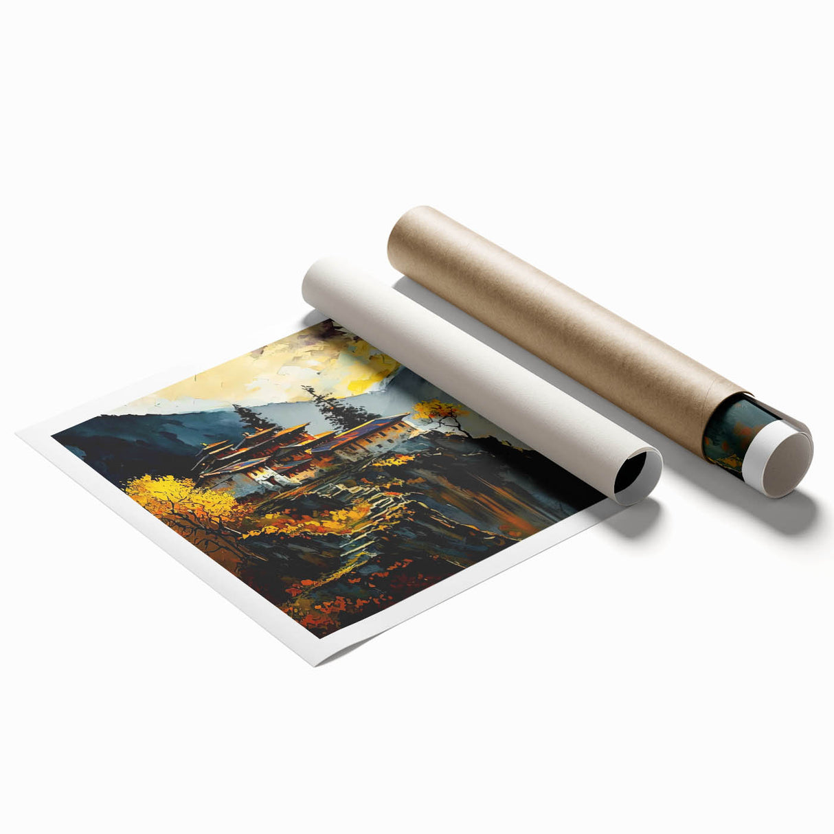 Extra large rolled print of Bhutan scenery featuring muted floral designs, ideal for classy bathroom wall art.