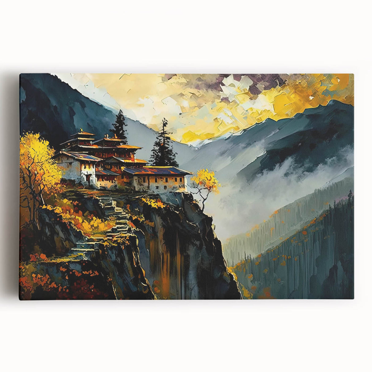 Large black and white stretched canvas featuring a detailed Bhutanese landscape, ideal for kitchen wall art.