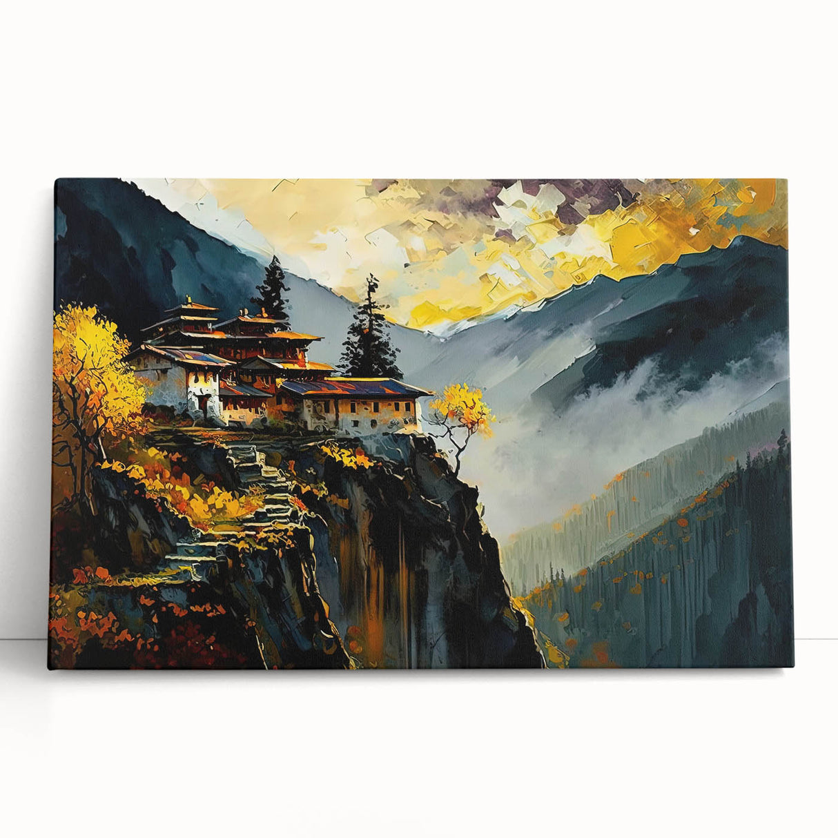 Black and white photograph of Bhutanese landscape on stretched canvas, suitable for kitchen or bedroom wall art.