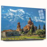 Large abstract wall art of a vibrant, multicolored Asian scenery on acrylic glass, suitable for bedroom or dining room decor.