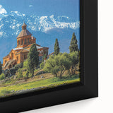 Extra large framed canvas depicting a textured, colorful Asian scenery in black, ideal for living room decor.