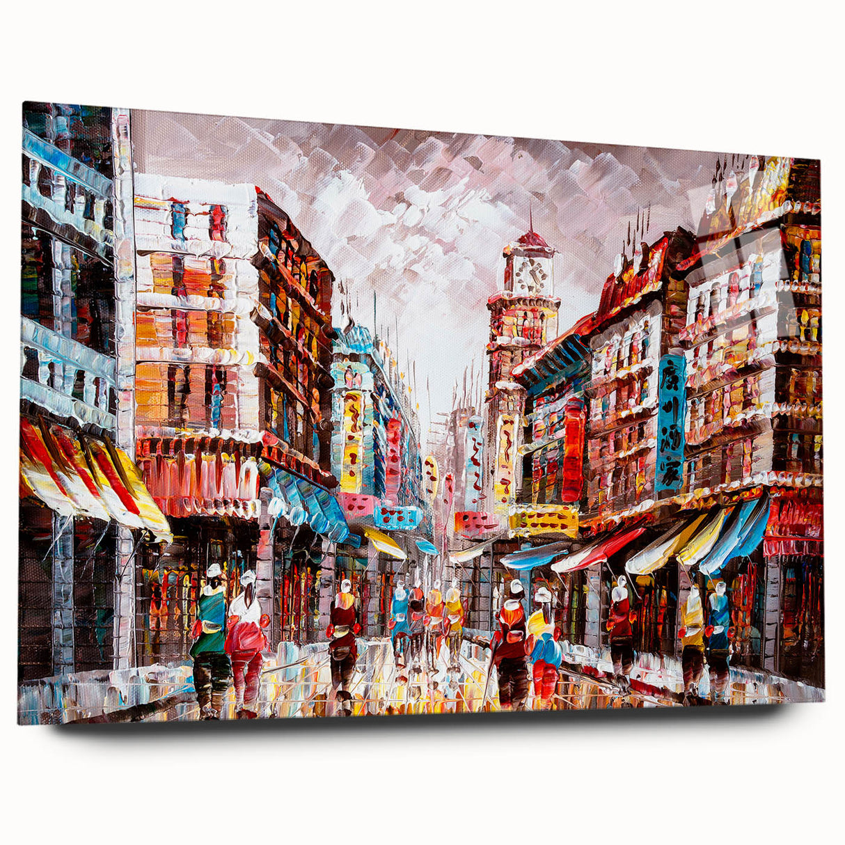 Acrylic print of large abstract Hong Kong skyline in muted colors, ideal for bedroom or dining room art.