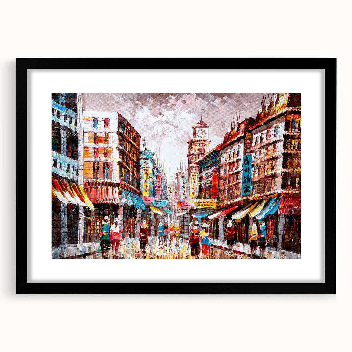 Abstract art print of Hong Kong skyline in vibrant colors on a large textured canvas, ideal for living room decor.