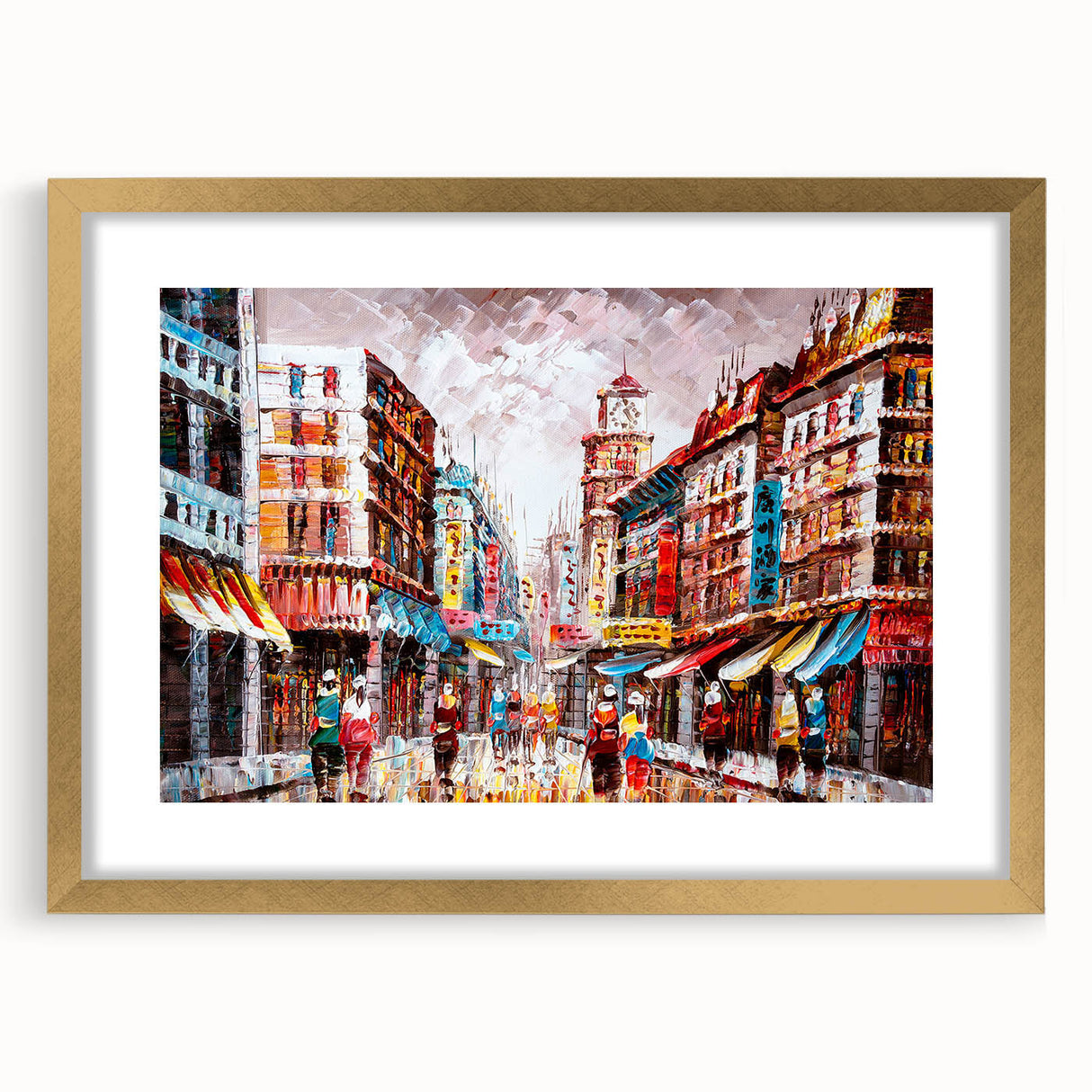 Extra large abstract art print of Hong Kong scenery in textured style with gold frame, suitable for living room decor.