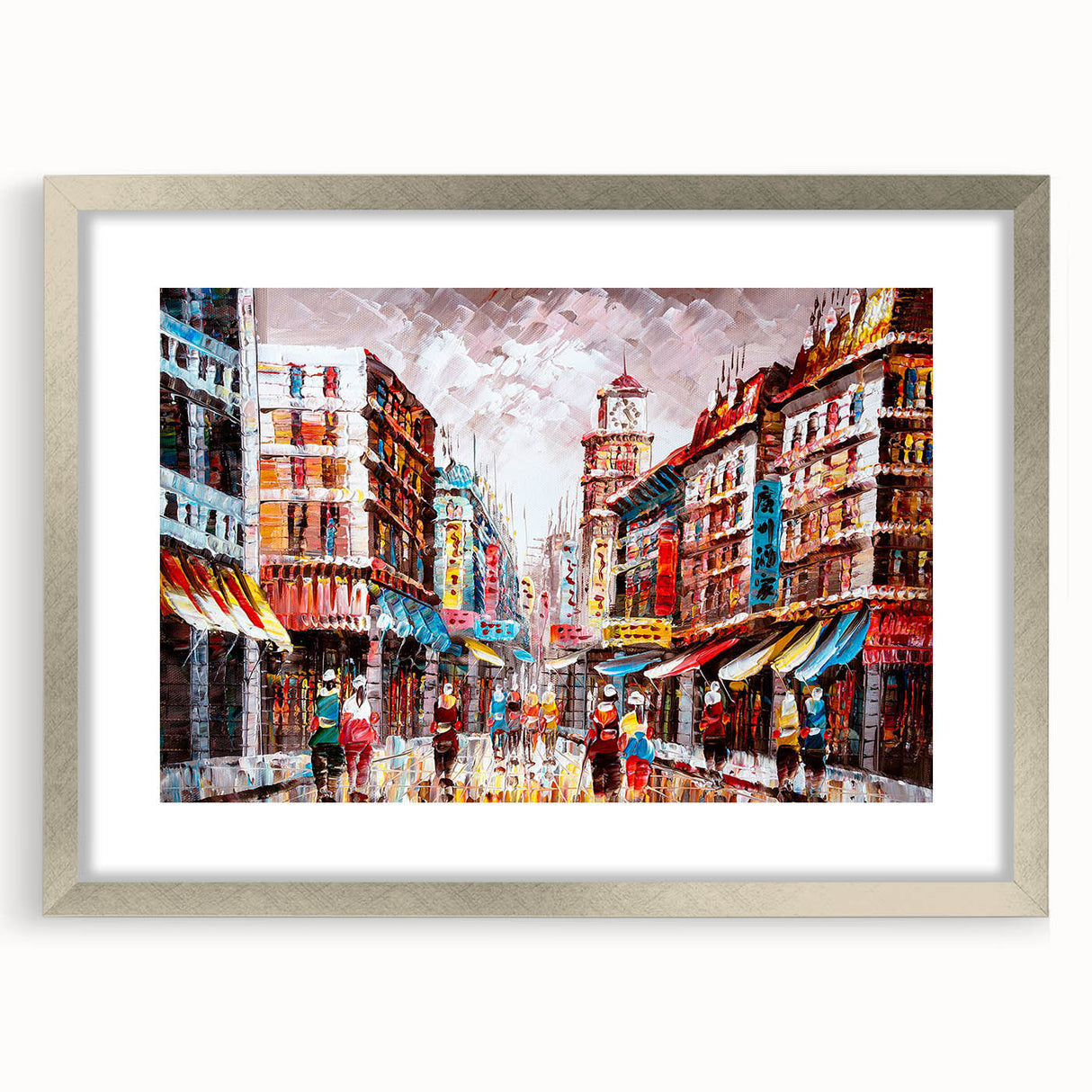 Textured abstract art print of Hong Kong skyline in muted gray and silver tones, framed with a silver mat.