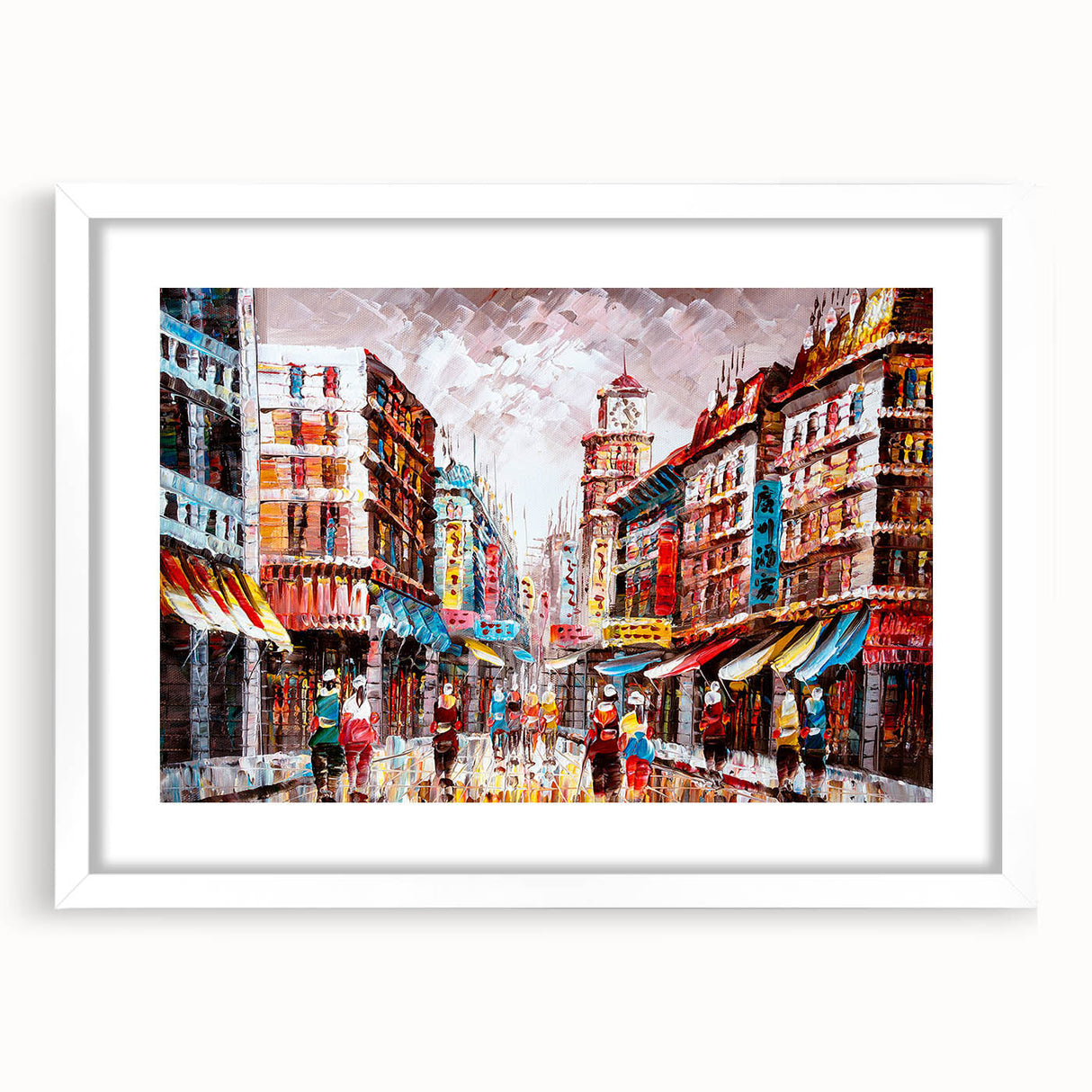 Abstract art print of Hong Kong skyline in muted gray and blue tones on a framed white mat, suitable for dining room decor.