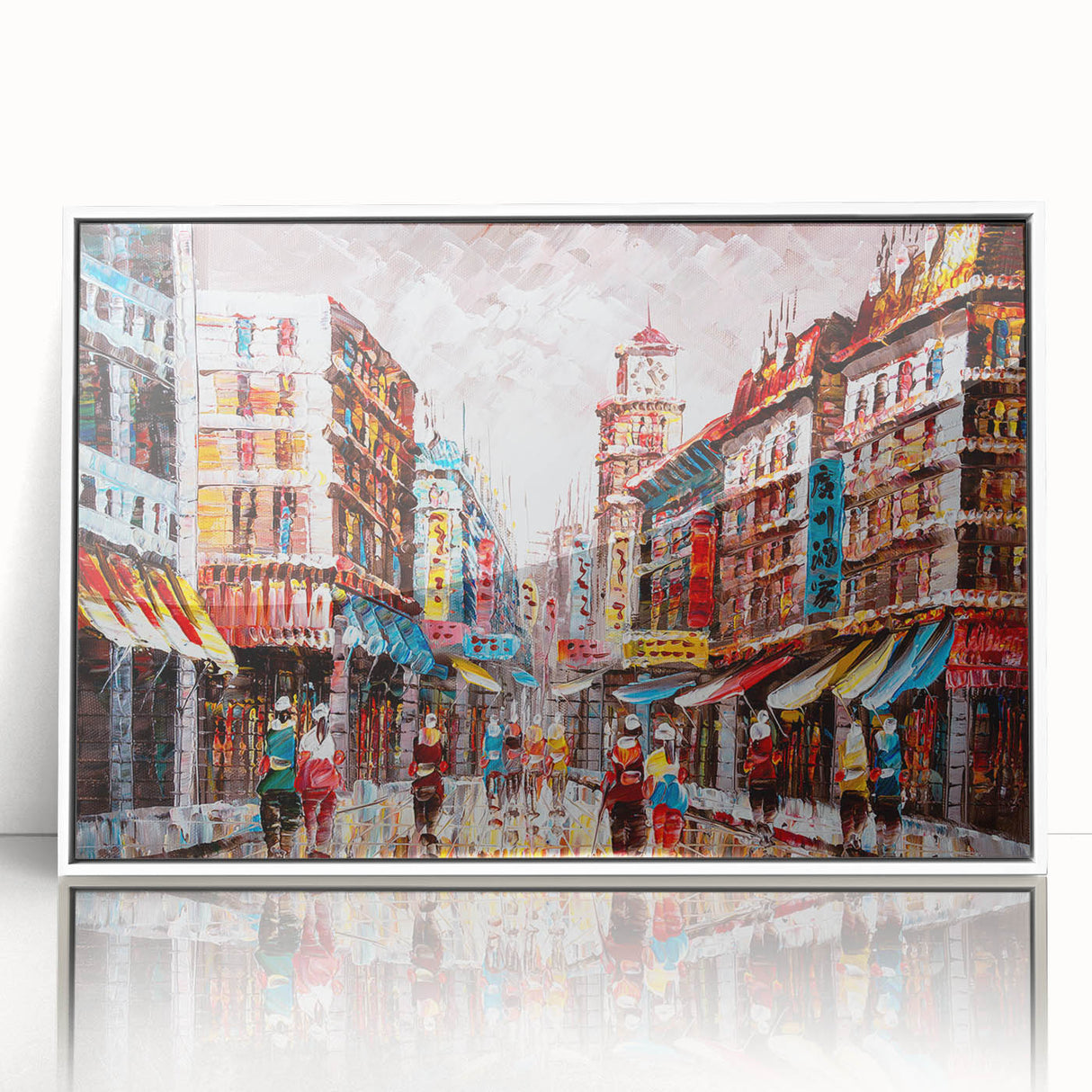 Framed acrylic print of a Hong Kong skyline in art deco style, featuring subdued pastel colors.