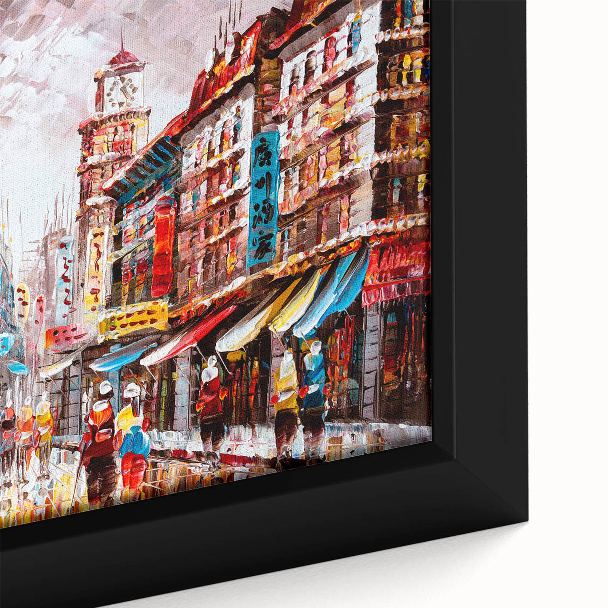 Extra large framed canvas featuring a textured, colorful Hong Kong skyline in black, ideal for living room decor.