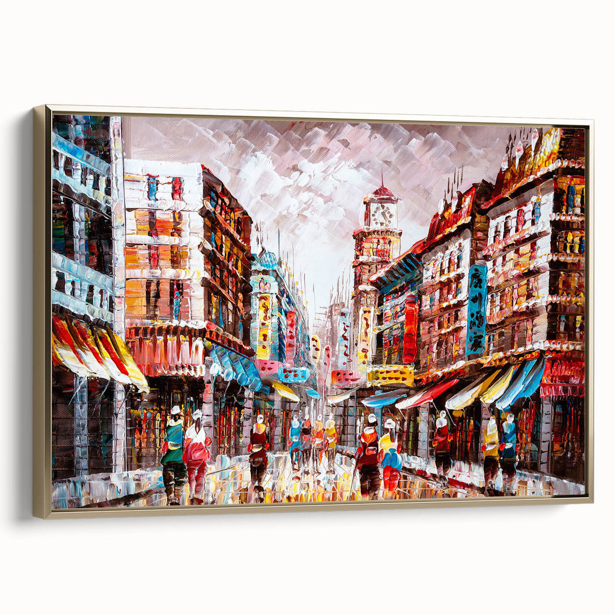 Framed canvas depicting a vintage-style Hong Kong landscape in black and gold tones, ideal for bedroom wall art.
