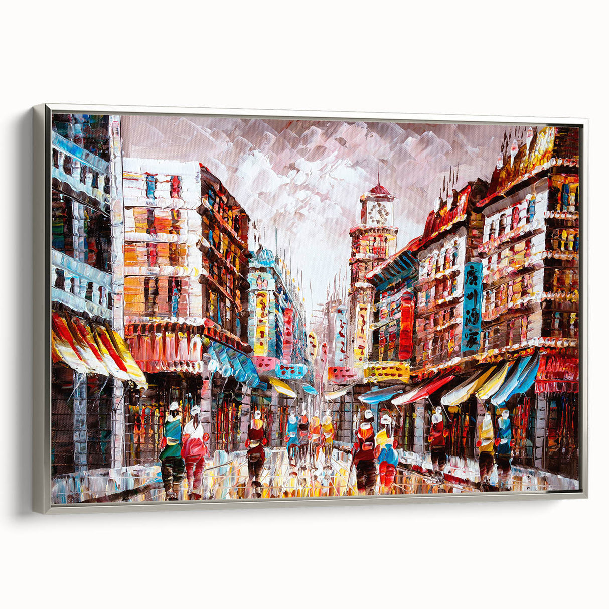 Framed canvas featuring a vintage landscape painting of Hong Kong in colorful art style with black border.