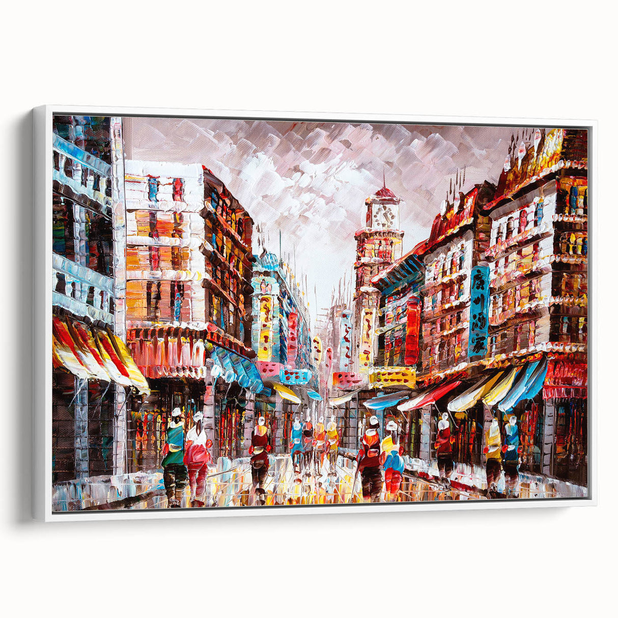 Vintage poster art of Hong Kong skyline in colorful hues on extra large framed canvas, ideal for living room decor.