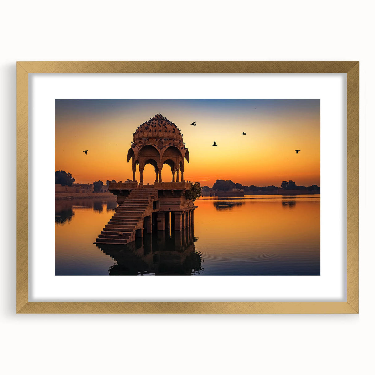 Extra large abstract art print depicting textured scenery of India in vibrant gold tones, framed with a mat.