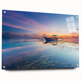 Large abstract wall art depicting an Indonesian landscape in muted earth tones on acrylic glass.