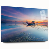 Large abstract wall art of Asian scenery in muted earth tones on acrylic glass, ideal for bedroom or dining room decor.