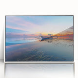 Art deco poster of an Indonesian landscape in muted green and brown tones on a white framed acrylic.