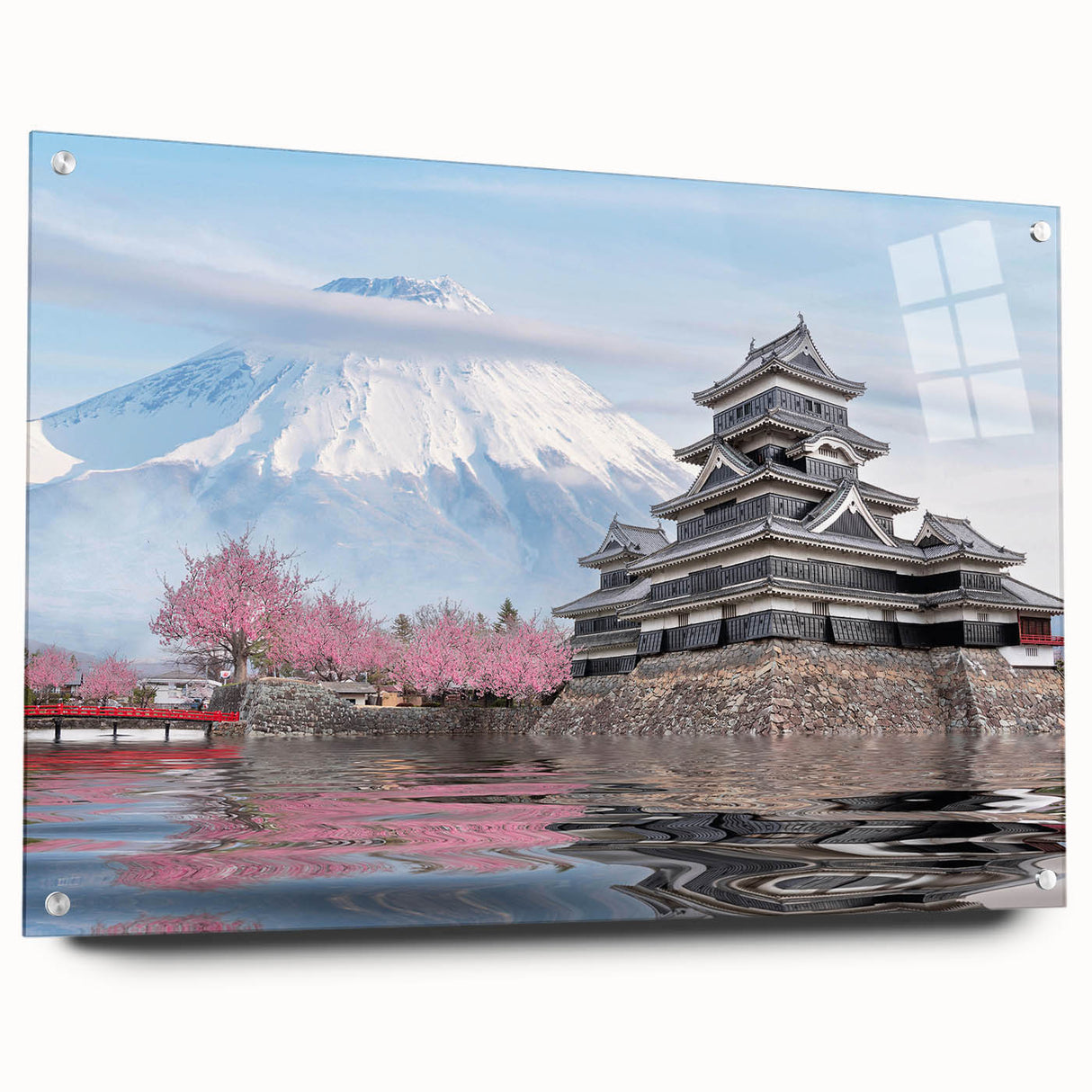 Large abstract wall art of a Japanese scenery in muted earth tones on acrylic glass, ideal for bedroom or dining room decor.