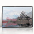 Large abstract wall art depicting a serene Japanese landscape in muted earth tones, framed in black acrylic.