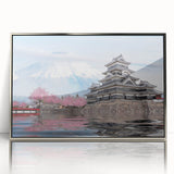 Mid-century modernist art depicting a serene Japanese landscape in muted earth tones, framed acrylic.