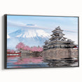 Black and white vintage poster art of an Asian landscape on framed canvas, ideal for bedroom decor.