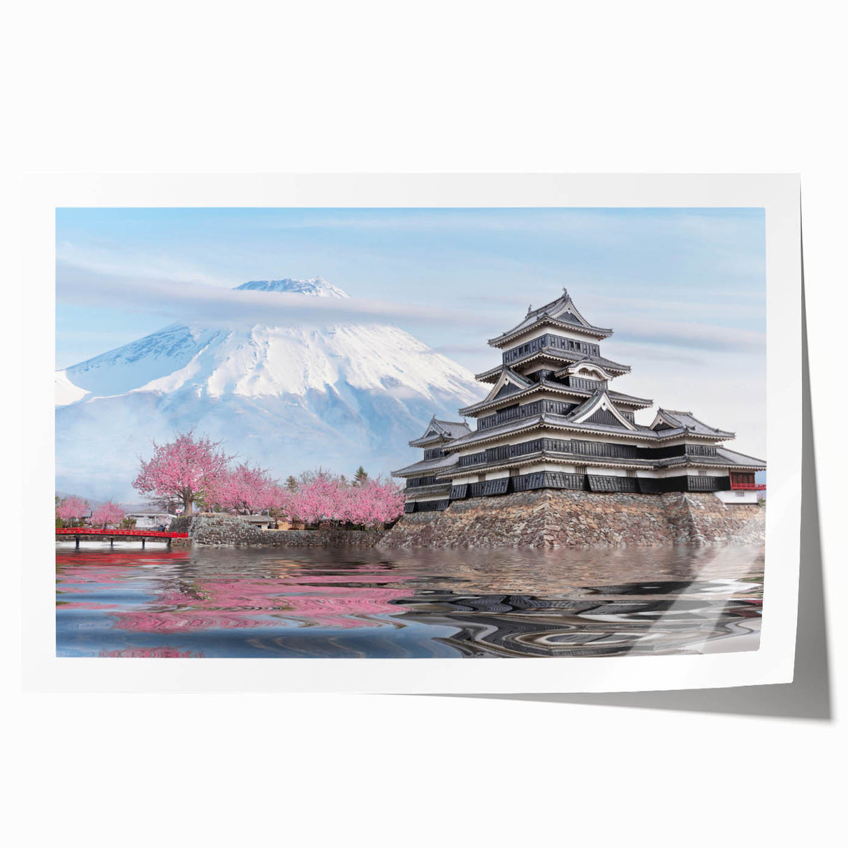 Extra large rolled print of a serene Japanese landscape with soft floral elements, in muted earth tones.