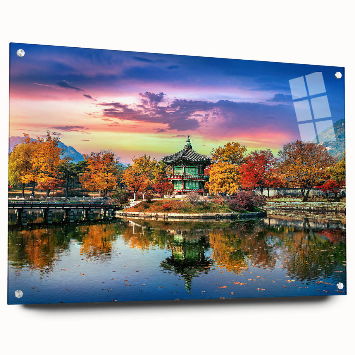 Large abstract wall art of an Asian landscape in muted greens and blues, acrylic print.