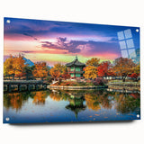 Large abstract wall art of an Asian landscape in muted greens and blues, acrylic print.