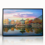 Large abstract wall art depicting a serene Korean landscape in muted earth tones, framed in black acrylic.