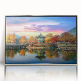 Mid-century modernist art depicting a serene Korean landscape in muted earth tones on a framed acrylic panel.