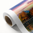 Art deco poster of a serene Korean landscape in soft pastel shades on rolled canvas, ideal for nursery wall art.