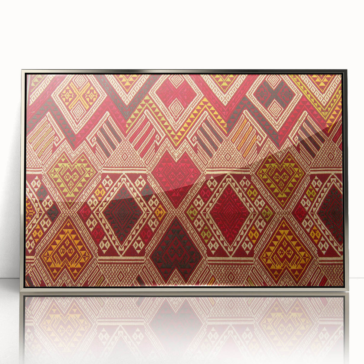 Mid-century modernist art of a Laos scenery in silver framed acrylic, with muted earth tones, ideal for nursery wall decor.