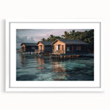 Abstract art print of a Malaysian landscape in muted earth tones, framed with a white mat, ideal for dining room decor.