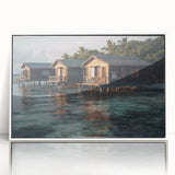 Art deco poster depicting a serene Malaysian landscape in muted green and blue tones, framed acrylic.