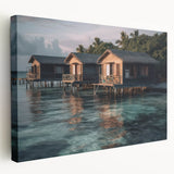 Side view of a stretched canvas depicting a serene Malaysian landscape in muted green and blue tones.