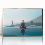 Mid-century modernist art of a serene Maldivian beach scene in muted blue and green tones, acrylic print framed in silver.