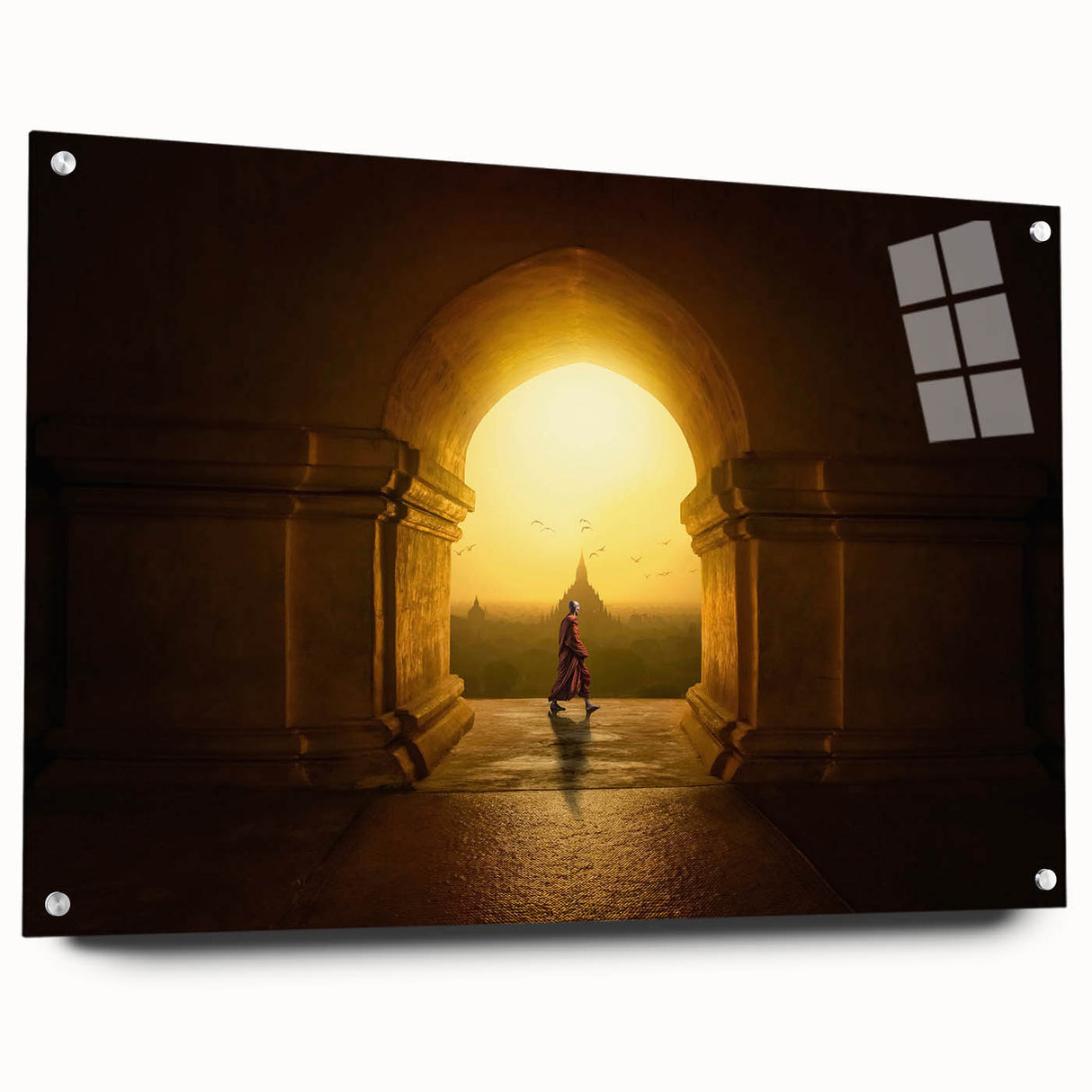 Acrylic print of a Myanmar landscape in muted earth tones, suitable for bedroom or dining room decor.