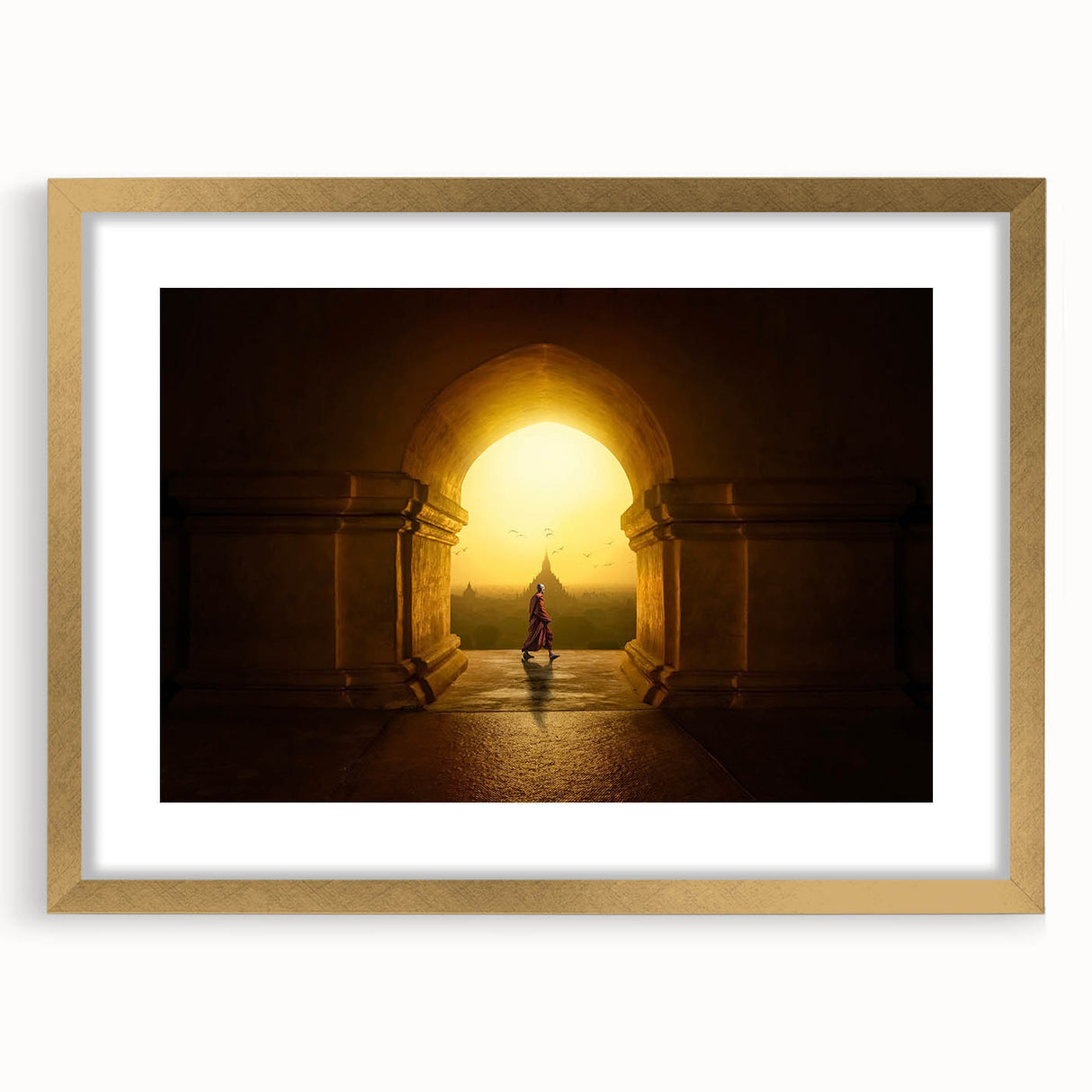 Extra large abstract art print depicting a textured scene of Myanmar, in muted gold and earth tones, framed with a mat.