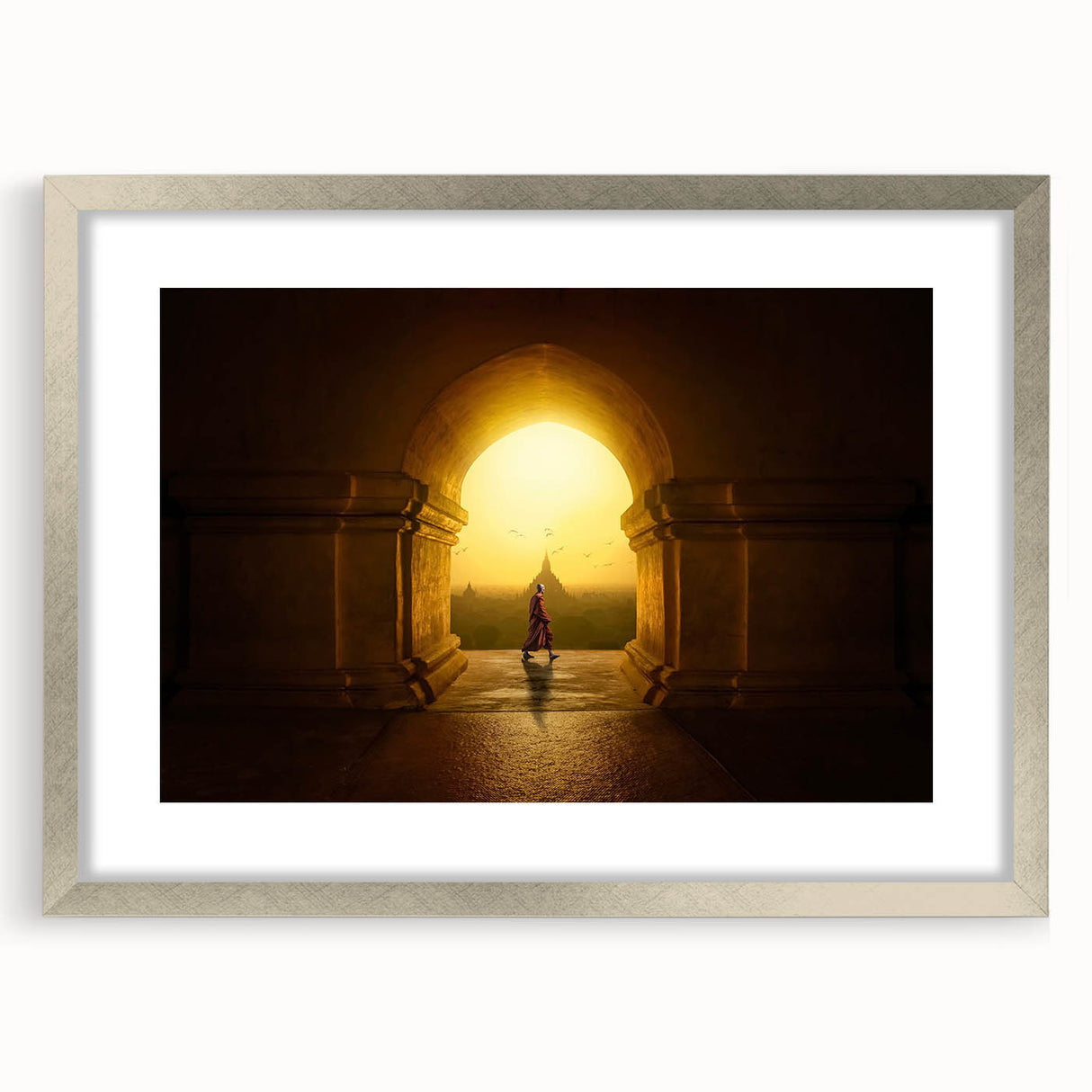 Textured art print depicting a muted abstract interpretation of Asian scenery in a silver frame, suitable for bedroom decor.