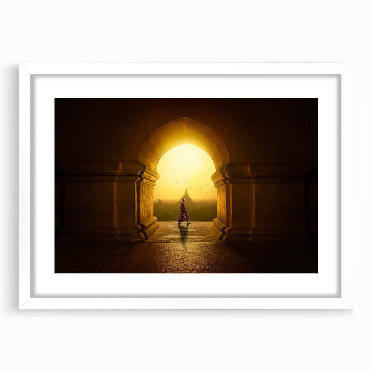 Abstract art print of a serene Myanmar landscape, in soft earth tones on a white framed mat, ideal for dining room decor.