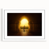 Abstract art print of a serene Myanmar landscape, in soft earth tones on a white framed mat, ideal for dining room decor.