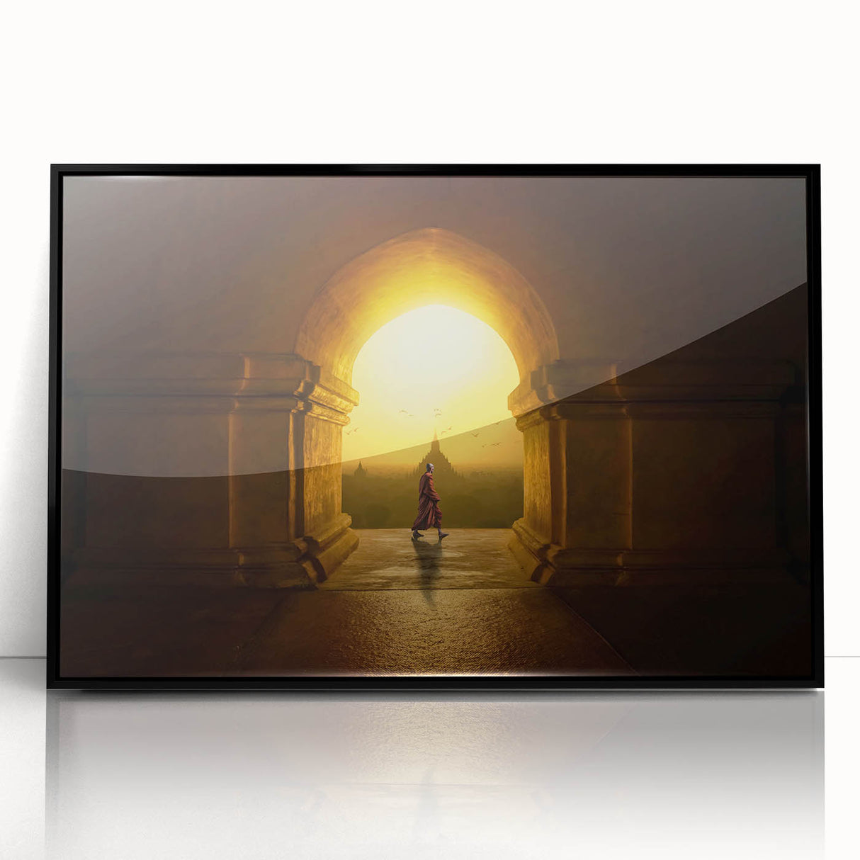 Large abstract wall art depicting a Myanmar landscape in muted earth tones on a framed acrylic panel.
