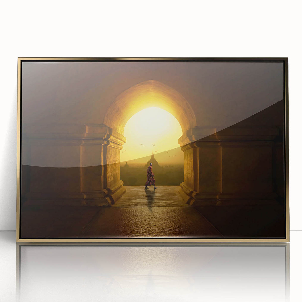 Acrylic print of a Myanmar landscape in gold and green tones, framed, ideal for modern art wall decor.