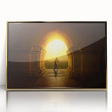 Acrylic print of a Myanmar landscape in gold and green tones, framed, ideal for modern art wall decor.