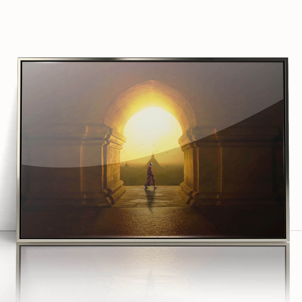 Mid-century modernist art of a Myanmar landscape in muted earth tones, framed acrylic, ideal for nursery wall art.